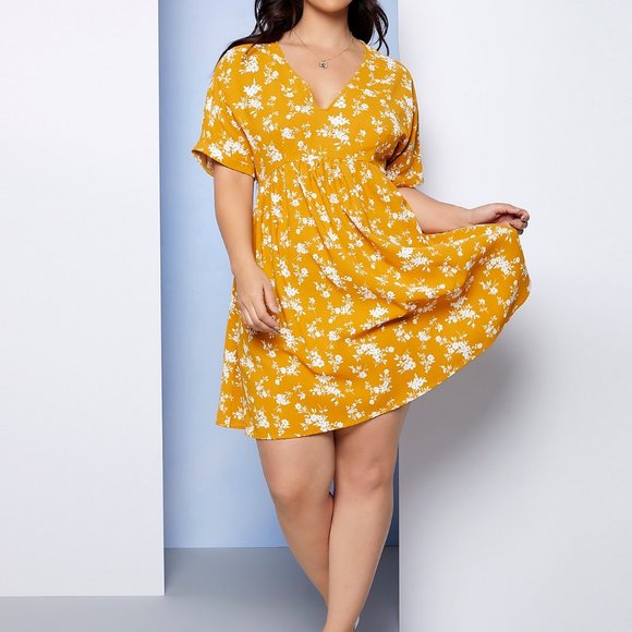 Ditsy Floral BOHO Mustard Yellow Plus Size Dress - Picture 9 of 10